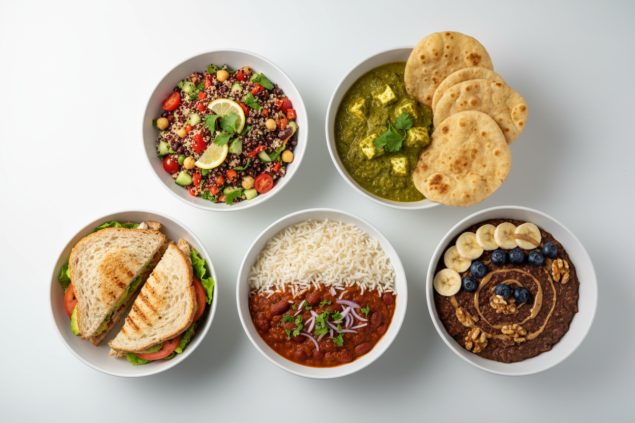 five bowls looking delicious: 1- salad including quinoa beans chickpea , 2- matar paneer + 4 roti ,3- rajma rice 4 - sandwich , 5- chocolate oats