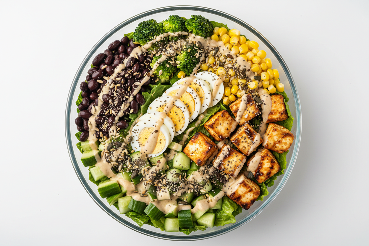 32 oz - boiled egg salad should contain lettuce , black beans, broccoli, corns , cubed cucumber, seeds on top, dressing, oregano on top and roasted paneer
