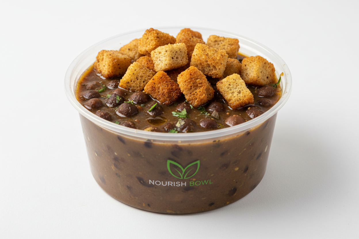 black channa soup in 16 oz round container with crutons on top