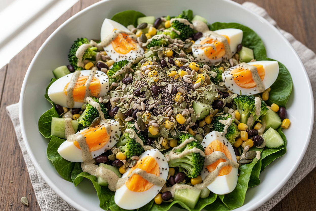 boiled egg salad should contain lettuce , black beans, broccoli, corns , cubed cucumber, seeds on top, dressing, oregano on top