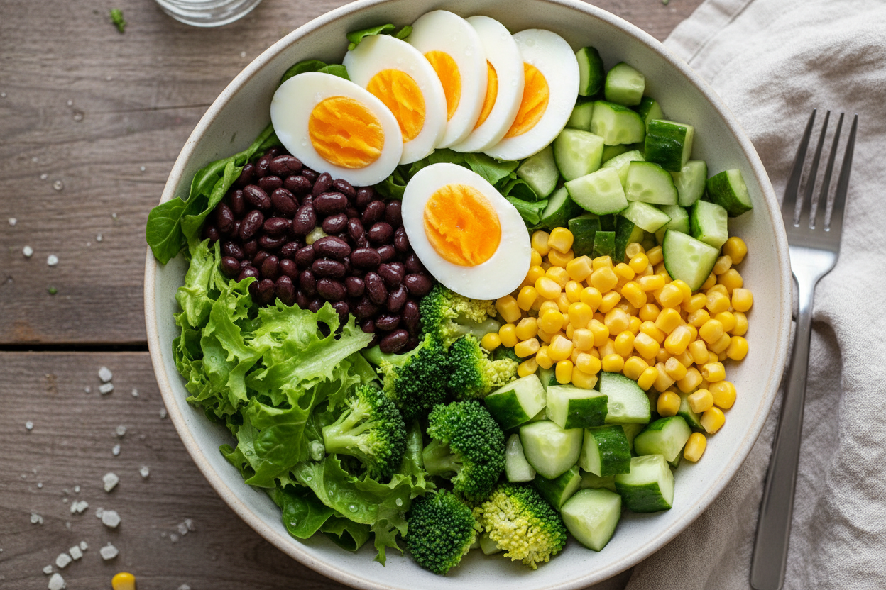 boiled egg salad should contain lettuce , black beans, broccoli, corns , cubes cucumber