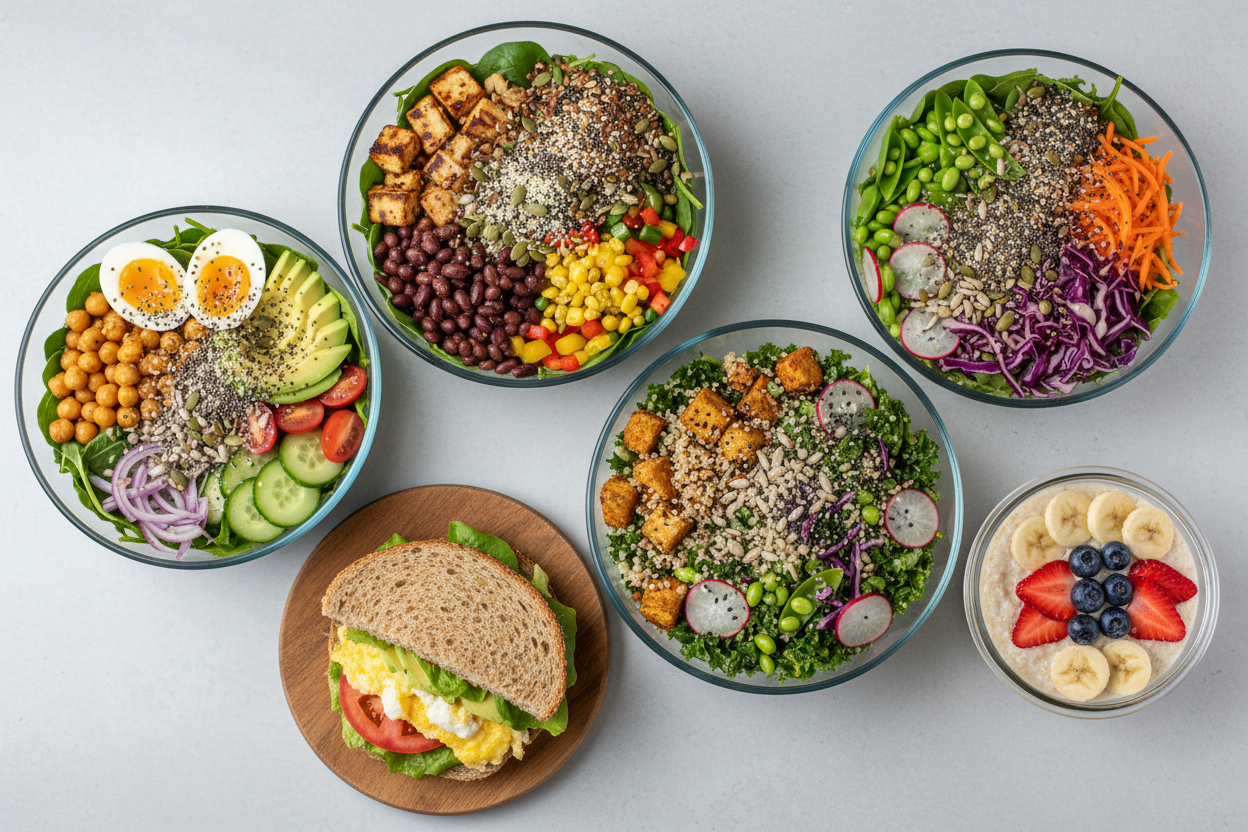 
five bowls looking delicious: 1- boiled egg salad + chcikpea with so many ingredients and seeds on top   2- paneer salad + black beans with so many ingredients and seeds on top, 3- tofu salad + quinoa with so many ingredients and seeds on top, 4 - 1 egg sandwich  , 5- 16 oz vanilla oats small container
